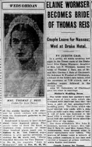 Newspaper clipping reporting Elaine Wormser’s marriage to Thomas Reis, with a picture of Elaine in her wedding veil.