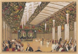 Color drawing of a large hall with an ornate floral ceiling mural, trumpet-shaped ceiling lamps, and a rectangular double skylight.