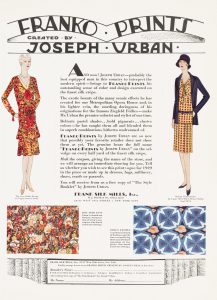 Color advertisement with headline “FRANKO PRINTS CREATED BY JOSEPH URBAN,” featuring a drawing of two women wearing patterned dresses and two fabric designs at the bottom.
