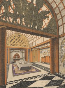Color print of a hall with a black and white tiled floor, golden metalwork depicting classicized figures, and a skylight decorated in an orange grid pattern.