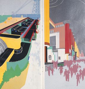 Color drawings of two elongated buildings with bold, rectangular forms. The buildings are brightly colored in shades of yellow, green, blue, black, mauve, and red.