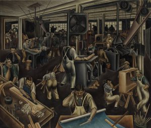 1925 painting depicting a crowded furniture workshop filled with the activity of sawing, cutting, sanding, and lacquering.