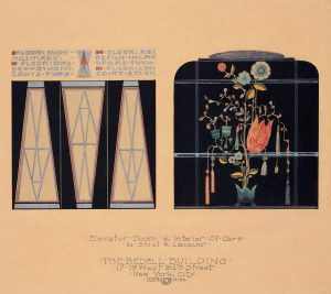 Color drawing of elevator doors (left) and elevator interior (right). The doors are black and decorated with large beige triangles outlined in light blue. The interior features an elegant pink and blue floral motif on a black background.