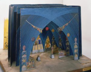 Three views of a set model for Ziegfeld Follies, displaying painted furniture details and the use of receding planes to produce the illusion of depth.