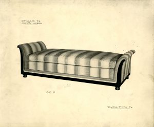 Black and white image of a daybed with striped upholstery. The words “Designed by Joseph Urban” are written in the upper left corner. In the lower right corner, “Mallin Furn. Co.” is written.