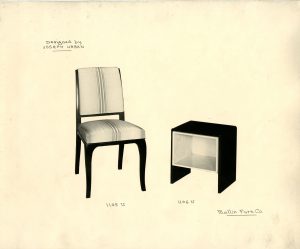 Black and white image of a chair with striped upholstery (left) and a black nightstand with a hollow center, containing a shelf (right). The words “Designed by Joseph Urban” are written in the upper left corner. In the lower right corner, “Mallin Furn. Co.” is written.