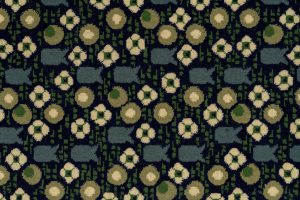 A carpet with a design of abstracted flowers, circles, and fish-shaped forms in blue, green, and beige on a black ground.