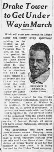 Newspaper clipping describing plans for the construction of Drake Tower.
