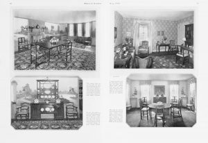 Four images showing a parlor room and a dining room decorated in eighteenth-century French provincial and American Colonial style furniture