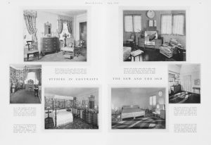 Magazine article titled “Studies in Contrast” displaying images that compare interiors done in historical styles with ones decorated in modernist styles.