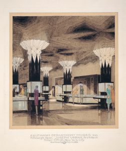 Color drawing of a spacious department store interior showing a geometric-patterned ceiling and glossy black pillars crowned with white geometric ornament.