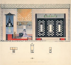 Color drawing of an interior for a stage production, featuring black, white, red and blue geometric patterning.