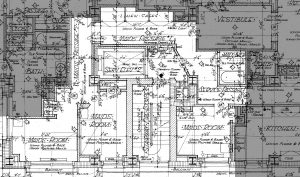 Section of the 27th floor blueprint showing the maid’s quarters, kitchen, bathroom, service passages, and service elevator.