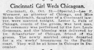 Newspaper clipping reporting on Leo Wormser and Helen Goldsmith’s marriage.