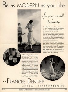 Advertisement for skincare products with headline “Be as Modern as you like—for you can still be lovely,” with images of a woman golfing and dancing.