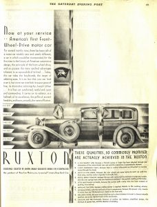 Greyscale advertisement featuring a drawing of the Ruxton automobile in the center of the page, placed against a backdrop of horizontal lines that echo the car’s horizontal stripes.