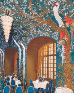 Color drawing of a dining room, featuring a wall and ceiling mural depicting a twisting tree with white blossoms, white roosters with long tails, and colorful parrots against a blue background. A white and gold ceiling lamp hangs above bright blue chairs.