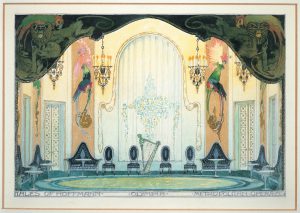 Color drawing of an interior for a stage production, featuring curved furniture and ornament with foliage and exotic animals.