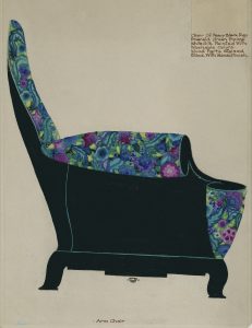 Color drawing of an armchair with black sides and bright floral upholstery.