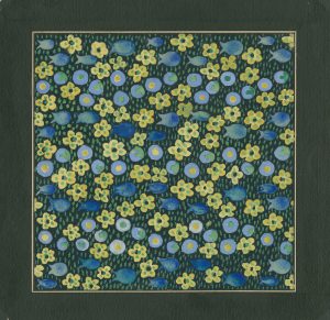 Color drawing of a design of abstracted flowers, circles, and fish-shaped forms in blue, green, and yellow on a black ground.