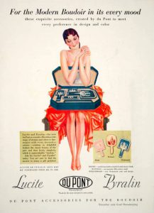 Color advertisement for “Lucite Pyralin” promoting its fashionable qualities and use in “modern” boudoirs.
