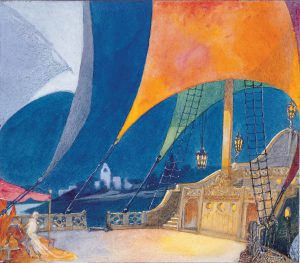 Color drawing of a nighttime ship scene for a stage production, with a deep blue sky and sails in bright orange, green, and grey. A white city on the shore is in the background.