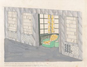 Color sketch for an interior, depicting a reflective silver wall decorated with a geometric pattern and an alcove with green and yellow armchairs.