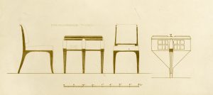 Sketch of two chairs and a circular table, resembling the table in the Wormser bedroom.
